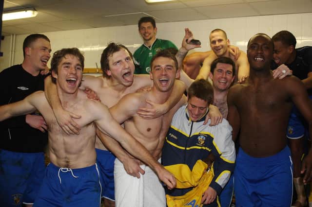 Hawks players celebrate after their FA Cup win at two divisions higher Notts County in 2007. This weekend, the two clubs meet again for the first time since that tie at Meadow Lane in the FA Trophy fifth round. Pic: Dave Haines