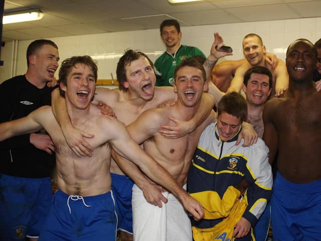 Hawks players celebrate after their FA Cup win at two divisions higher Notts County in 2007. This weekend, the two clubs meet again for the first time since that tie at Meadow Lane in the FA Trophy fifth round. Pic: Dave Haines