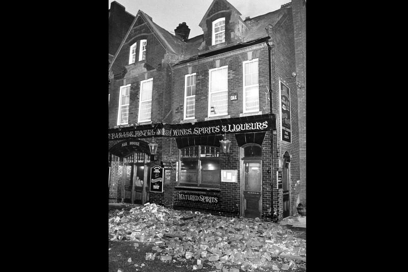 The Parade Hotel in Southsea had to move tiles and bricks out of the way of the entrance due to the storm in October 1987. The News PP4120