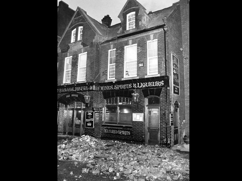 The Parade Hotel in Southsea had to move tiles and bricks out of the way of the entrance due to the storm in October 1987. The News PP4120