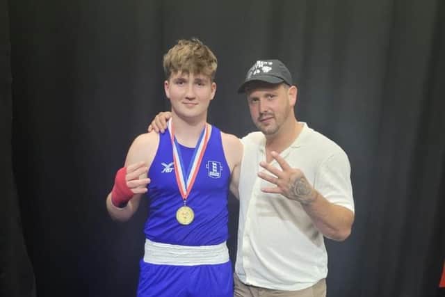 Conor McCormack, left, with his Southbourne Panthers Gym coach Ash Whiting after his Three Nations tournament triumph