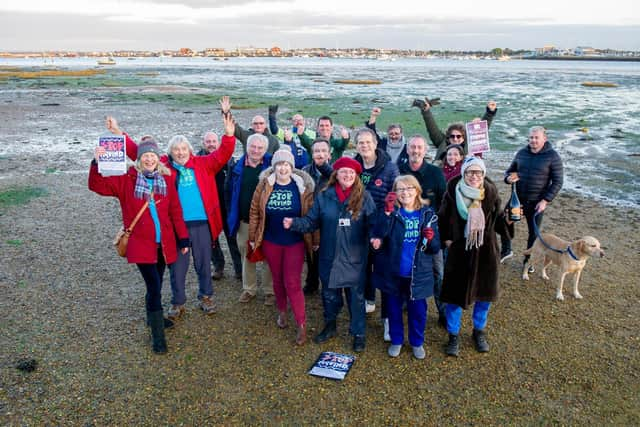 The scene in January last year as Stop Aquind protestors celebrated Kwasi Kwarteng turning down Aquind's plan with Cllr Steve Pitt, Council leader, Gerald Vernon-Jackson, Cllr Lee Hunt Picture: Habibur Rahman