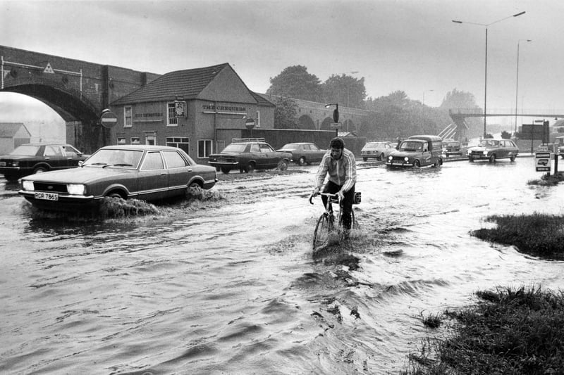 Flooding scene at Fareham in May 1979. The News PP382