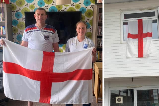 Rachel Jones and her partner Nick Jordan at their home in Lumsden Road, Eastney. Right, the flag when it was flying.