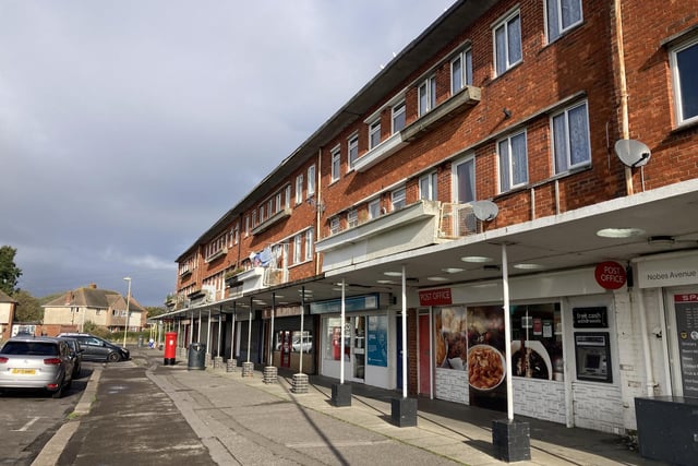 Gosport murder scene:  The row of shops in Nobes Avenue. Levi Kent was stabbed in his car in the service road behind the shops.