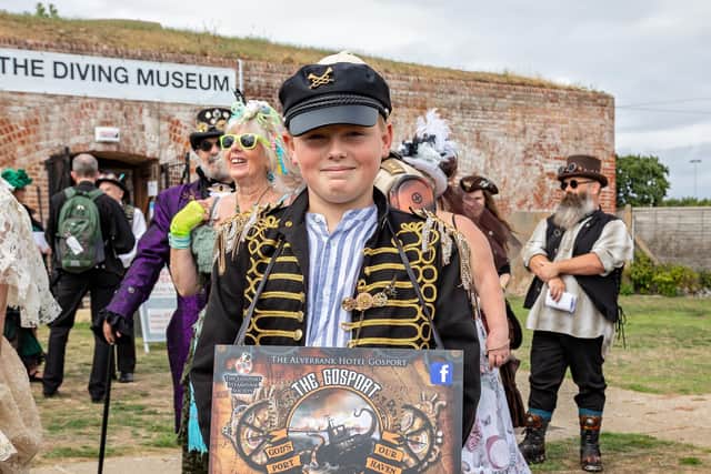 Charlie Sherwood, aged 11, helps to advertise the forthcoming Steampunk Festival.  Picture: Mike Cooter (040922)