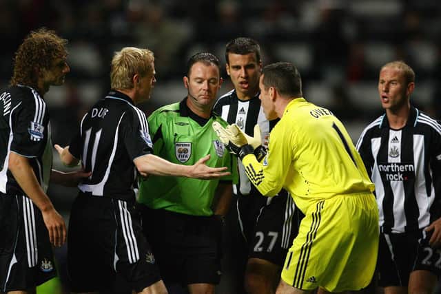 Newcastle players protest after Rob Styles dismisses Habib Beye in a Premier League clash with Manchester City in October 2008. Picture: Alex Livesey/Getty Images.