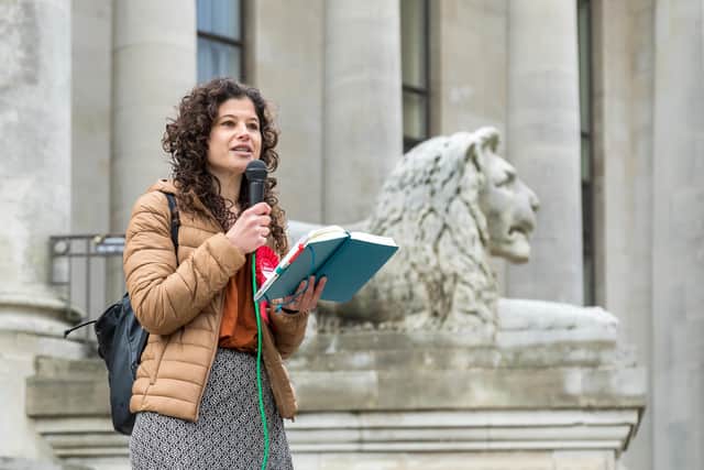 Local activist and Labour council candidate Charlotte Gerada at the Kill The Bill demo in the Guildhall Square, Portsmouth