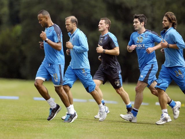 Younes Kaboul, Angelos Basinas, Richard Hughes and Niko Kranjcar on Pompey's first day of training working with Paul Groves at Eastleigh in July 2009. Picture: Will Caddy 092513-2