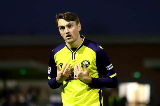 Gosport Borough striker Ryan Pennery looks puzzled after having a goal ruled out at Wimborne. Picture: Tom Phillips