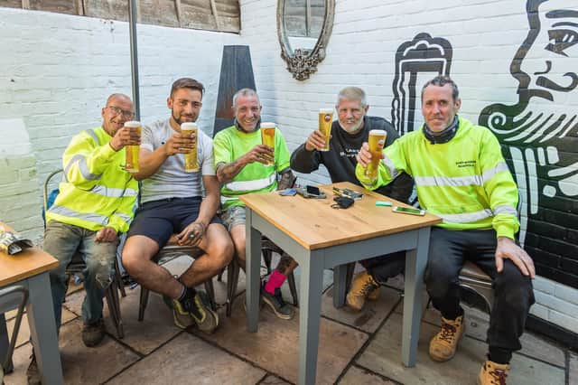 Colin Stanhope, Teejay Hunt, Adam Turland, Steve Hannigan and Dave Crawford from Easy Access Scaffolding enjoying an after-work pint at The King Street Tavern. Picture: Mike Cooter (170521)