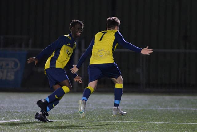 Ryan Pennery (7) has just scored for Moneyfields, with Eric Dellaud about to congratulate him. Picture by Martyn White