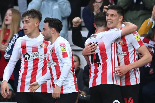 Sunderland striker Ross Stewart, right, is congratulated for his match-winner against Sheffield Wednesday on Friday night Picture: Stu Forster/Getty Images