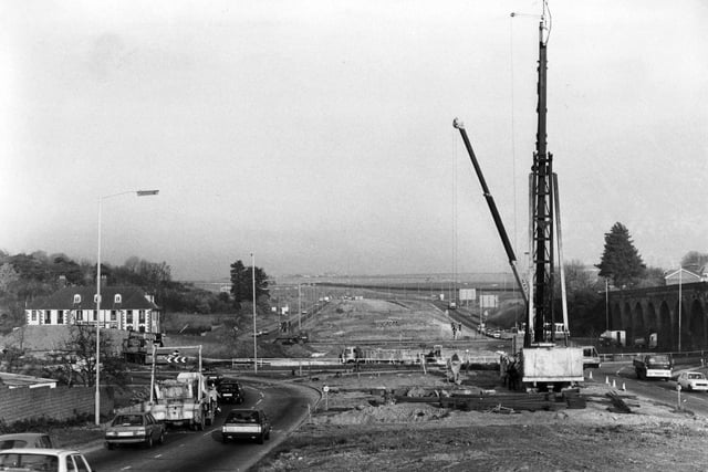 Work in progress on the Delme Roundabout Flyover in November 1983.