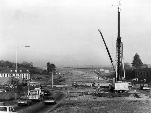 Work in progress on the Delme Roundabout Flyover in November 1983.