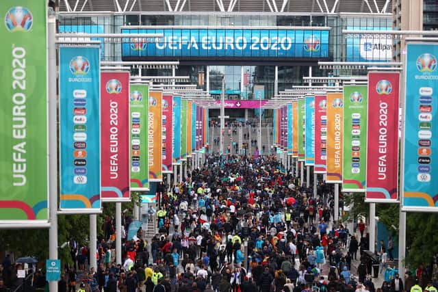 Fans arrive in Wembley Way prior to the UEFA Euro 2020 match between Italy and Spain at Wembley Stadium. Picture: Alex Pantling/Getty Images