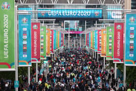 Fans arrive in Wembley Way prior to the UEFA Euro 2020 match between Italy and Spain at Wembley Stadium. Picture: Alex Pantling/Getty Images