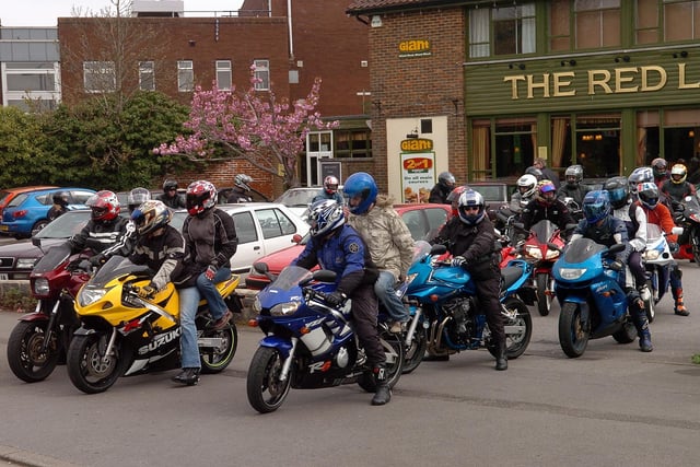 A convoy of motorcyclists depart on a fundraising event from the pub at Stubbington Green for a sponsored ride in aid of Basics Hampshire Volunteers emergency doctor and paramedics service (061854-0047)