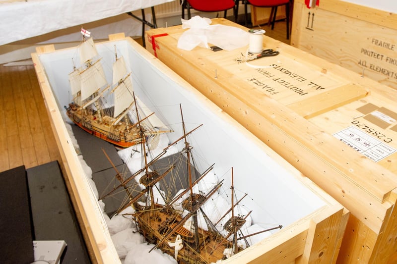 Royal Marines Museum is transporting it's artifacts to the Historic Dockyard. 18th December 2019
Pictured:  Models of HMS Invicible and HMS Bounty boxed and ready to be moved at the time. Picture: Habibur Rahman