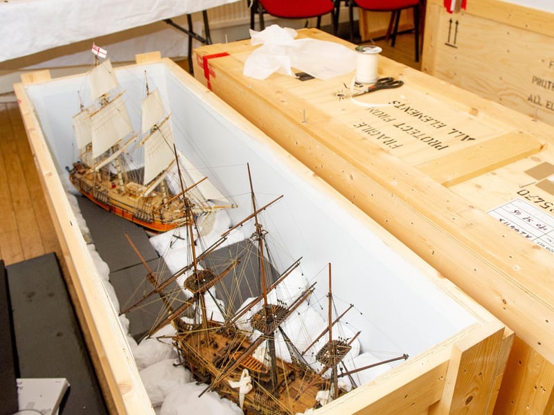 Royal Marines Museum is transporting it's artifacts to the Historic Dockyard. 18th December 2019
Pictured:  Models of HMS Invicible and HMS Bounty boxed and ready to be moved at the time. Picture: Habibur Rahman