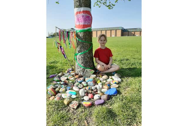 Lillith McVicar, six, set up this community rock garden with her mum Jenni McVicar to spread a bit of joy in these times - it now has more than 100 rocks. Pictured: Lillith with the rock garden