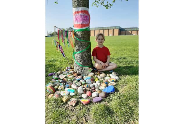 Lillith McVicar, six, set up this community rock garden with her mum Jenni McVicar to spread a bit of joy in these times - it now has more than 100 rocks. Pictured: Lillith with the rock garden