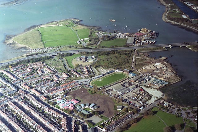 An aerial view of Tipner and the old dog track in 1998.