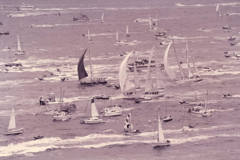 Chaos at Gilkicker point, Gosport, as Whitbread race yachtsvie for postitions, with pleasure boats adding to the throng in September 1993. The News PP4362