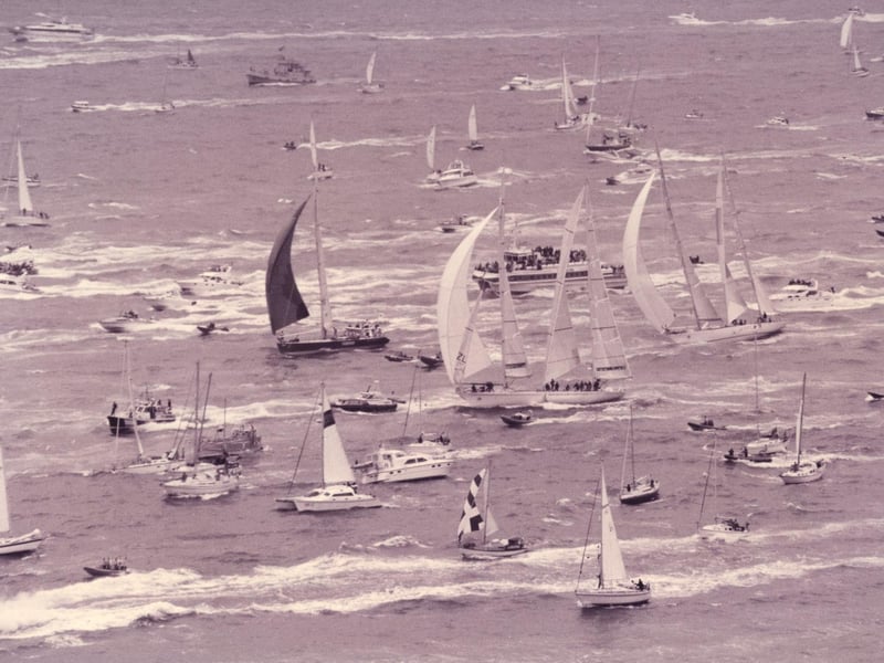 Chaos at Gilkicker point, Gosport, as Whitbread race yachtsvie for postitions, with pleasure boats adding to the throng in September 1993. The News PP4362