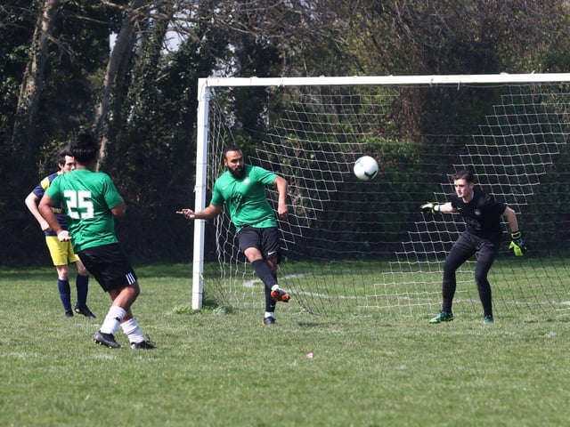 Action from the Challenge Cup clash between Pelham Arms (blue/yellow kit) and FFTP (green and black kit). Picture: Sam Stephenson