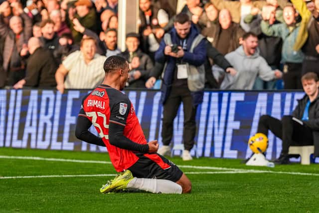 Cohen Bramall celebrates scoring during Luton's win at Stockport in November 2025 - pic: David Horn / PRiME Media Images