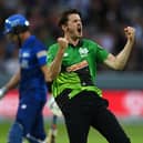 George Garton celebrates a wicket playing for Southern Brave last year. Photo by Mike Hewitt/Getty Images
