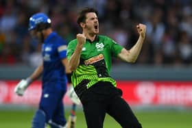 George Garton celebrates a wicket playing for Southern Brave last year. Photo by Mike Hewitt/Getty Images