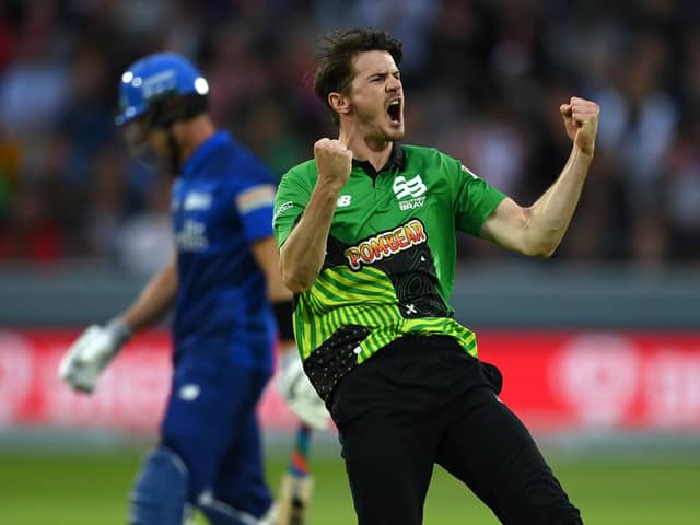 George Garton celebrates a wicket playing for Southern Brave last year. Photo by Mike Hewitt/Getty Images