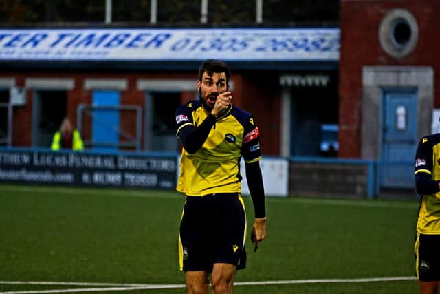 Matt Paterson disagrees with an official's decision during Gosport's FA Trophy loss at Dorchester. Picture by Tom Phillips.