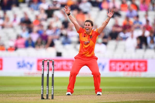 Georgia Elwiss, pictured playing for the Birmingham Phoenix during The Hundred, struck a century as Southern Vipers pipped Sunrisers in the Rachael Heyhoe Flint Trophy. Photo by Harry Trump/Getty Images.