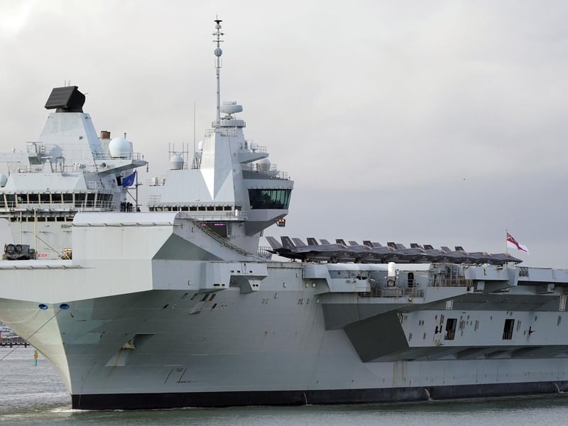 F35b jets line the deck of HMS Queen Elizabeth, as the Royal Navy aircraft carrier leaves Portsmouth Harbour. Picture date: Friday November 3, 2023. PA Photo. Photo credit should read: Andrew Matthews/PA Wire