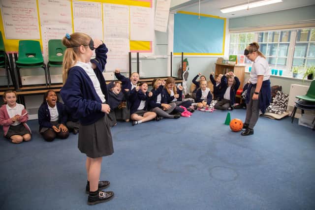 Pictured:Pupils having a go at Blind Football. Picture: Habibur Rahman