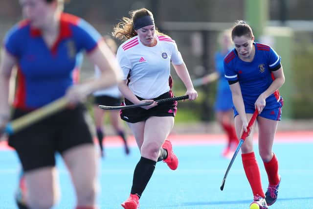 Anna Mikic, right, in possession for US Portsmouth against Portsmouth. Picture: Chris Moorhouse