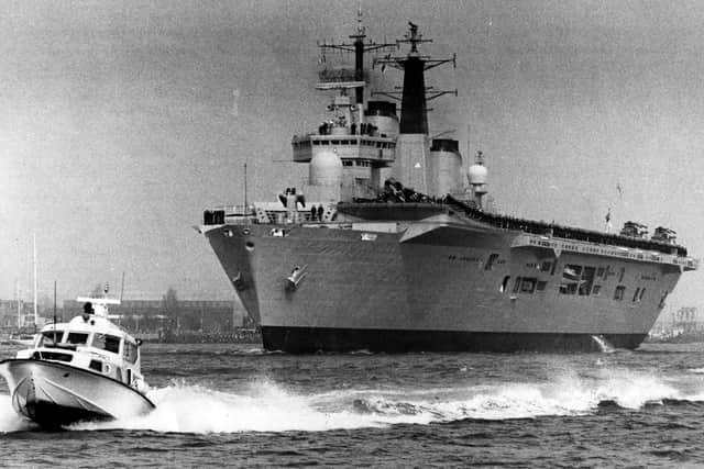 HMS Invincible leaving Portsmouth for the Falklands in April 1982. The News PP4866