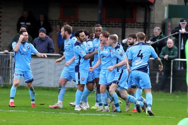 AFC Portchester celebrate after drawing level at 2-2 against rivals Fareham Town. Picture: Sam Stephenson