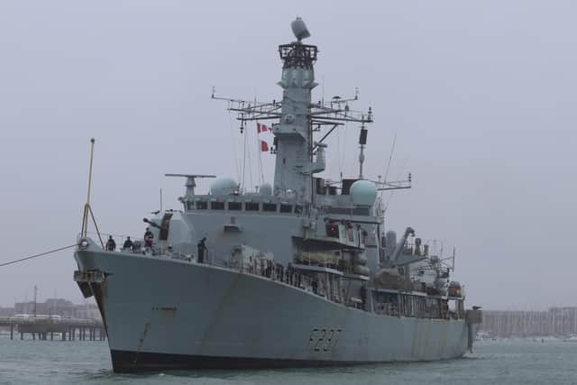 HMS Westminster pictured returning to Portsmouth on a damp morning after 110 days at sea. Photo: Royal Navy
