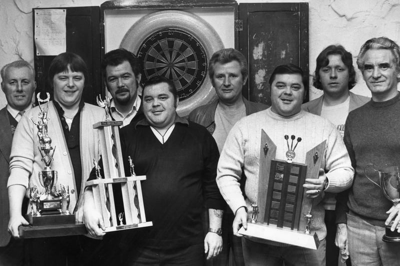 Members of the Banks O Tyne Darts team in March 1980. Pictured are left to right, front row:  Paul Kettle, Billy Ewart, Jimmy Ewart, captain and Roy Pritchard.  Back row:  Bob Oughton, Tom Lambert, Tommy Shippen and Kevin Wilson.