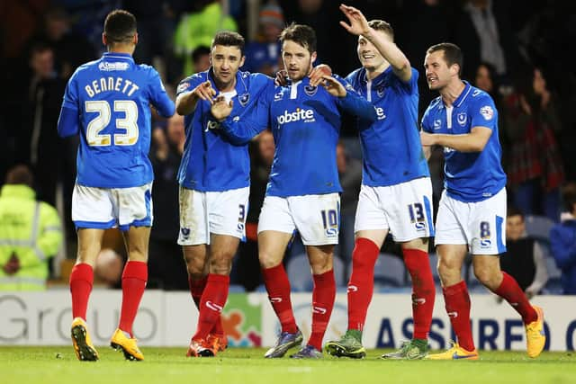 Marc McNulty celebrates during his hat-trick in the 6-0 win over York at Fratton Park in November 2015. Picture: Joe Pepler