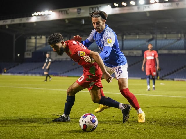 Owen Dale in action during Pompey's Papa John's Trophy game with ADC Wimbledon