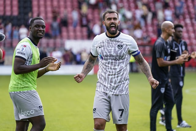 Marlon Pack celebrates Pompey's 4-0 win at Leyton Orient