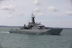 HMS MERSEY monitored the Russian warship Perekop as she travelled through the English Channel. Pictured is HMS Mersey arriving into Portsmouth Harbour in 2022. Picture: Sam Stephenson.