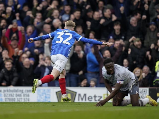 Goalscorer Paddy Lane heads towards the Pompey fans after handing the Blues a first-half lead