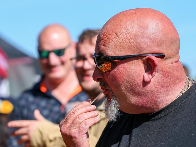 Gary Welch tries out the chilli jam at the Portsmouth Chilli and Gin Festival, Fort Purbrook