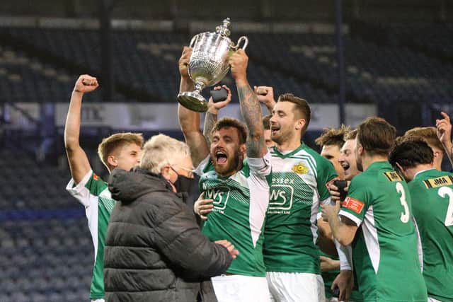 Moneyfields celebrate winning the delayed 2019/20 Portsmouth Senior Cup final after a penalty shoot out win against Baffins Milton Rovers in May 2021.
Picture: Chris Moorhouse